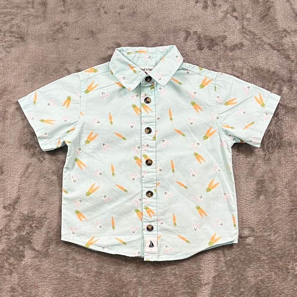 Land'n Sea Toddler 2T Bunny Carrot Button Up Shirt Pastel Blue Easter Top